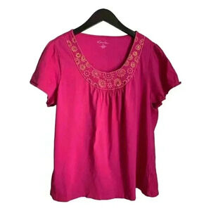 🌞 Kim Rogers Hot Pink Shirt Size 1X with Embroidered Suns Boho